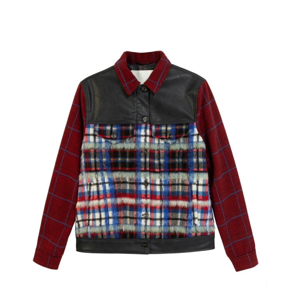 Desigual Ingrid Trucker Jacket in Plush Tartan & Faux Leather